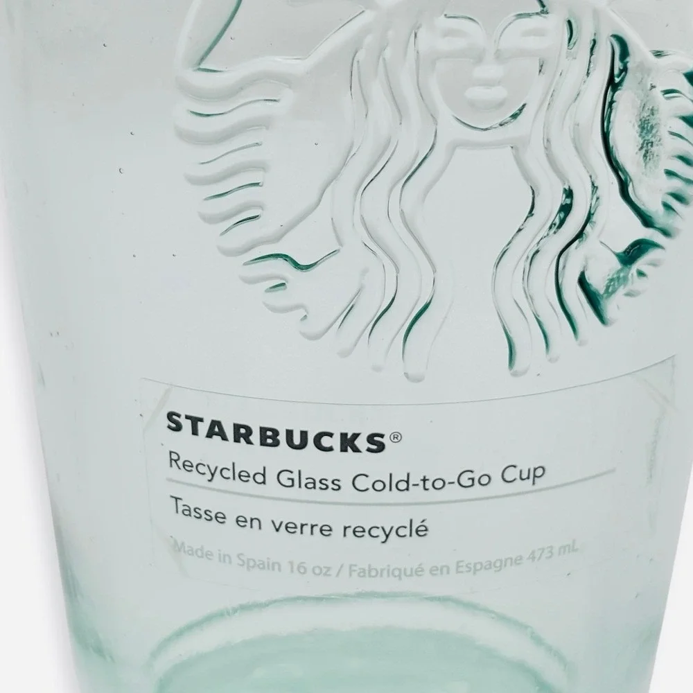 Starbucks Recycled Glass Cold to Go Cup 16oz Green Tumbler Lid SPAIN Logo Eco